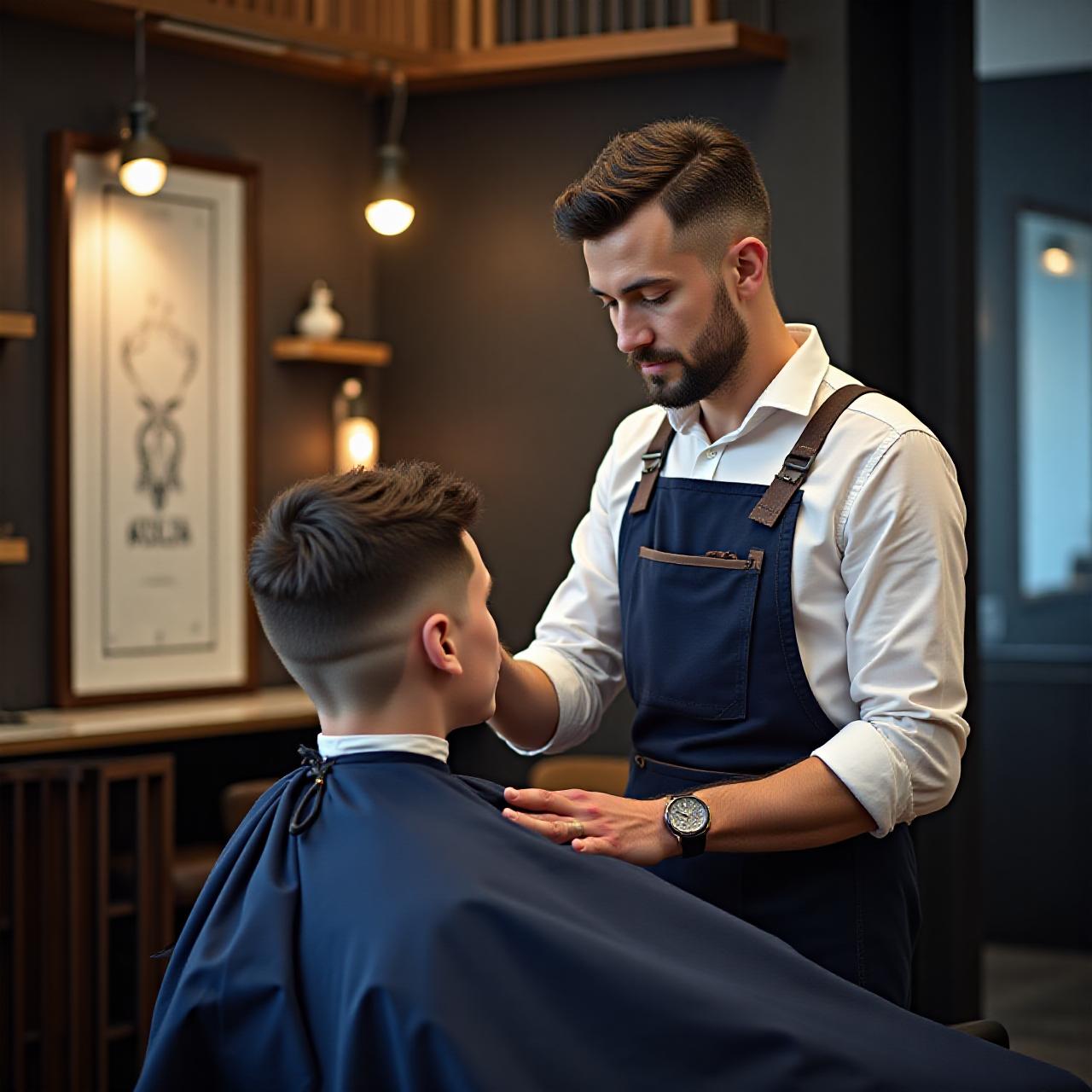 Barbiere esperto che lavora su un cliente circondato da bozzetti architettonici e strumenti di precisione