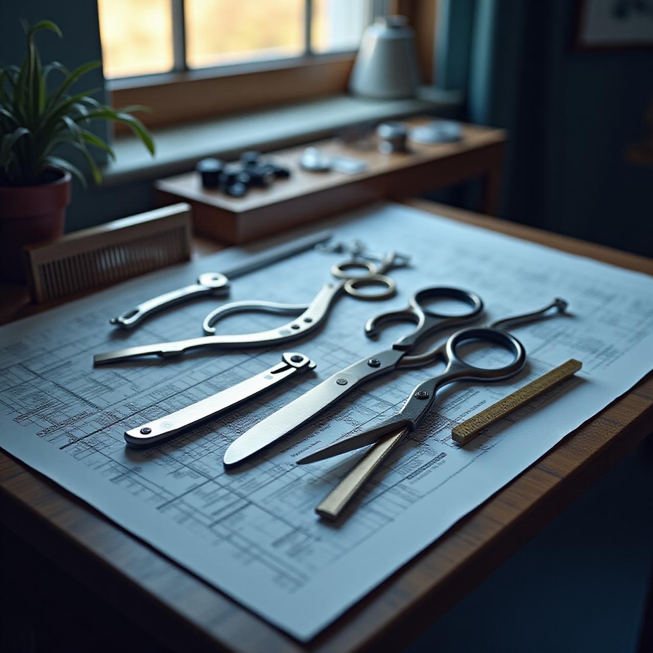 Strumenti da barba disposti come strumenti di disegno tecnico