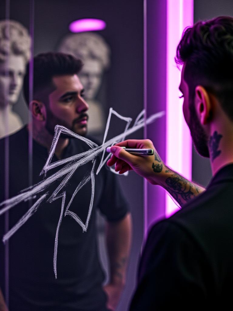 Barbiere che disegna uno stile su uno specchio